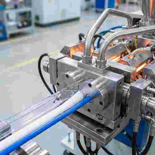 Nahaufnahme eines modernen Extrusionswerkzeugs mit Co-Extrusion und drei Kunststoffschichten.