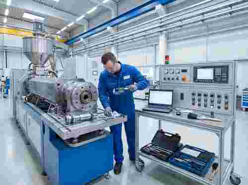 Techniker führt Wartung an einer Extrusionsanlage durch; Messwerkzeuge, Bedienelemente.