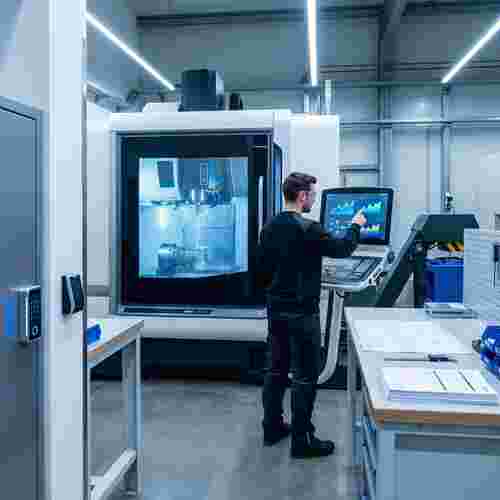 CNC-Fräsraum: laufende Maschine, Techniker am Dashboard, ordentliche Arbeitsplätze, Zugang gesichert.