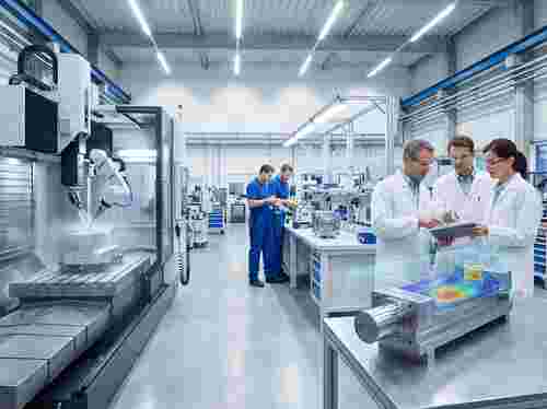 Fotorealistische Industriwerkstatt: Extrusionswerkzeug-Fertigung, CNC-Fräsen, Montage.