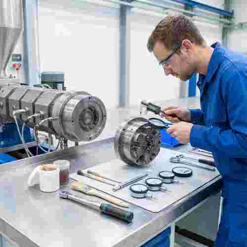 Techniker inspiziert, reinigt und schmiert eine Extrusionsdüse in einer modernen Fabrik.