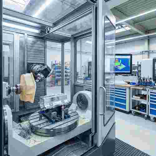 CNC-Fräszelle bearbeitet Kunststoff- und Metallteile; Späne, CAD/Planung im Hintergrund.