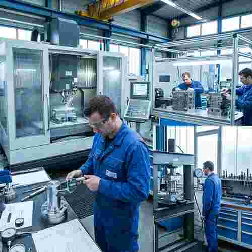 Realistische quadratische Aufnahme der Extrusionswerkzeug-Herstellung: Präzisionsbearbeitung, Montage.