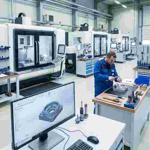 Moderne CNC-Fräswerkstatt mit 3- und 5-Achs-CNC, Bediener inspiziert Werkstück, CAD/CAM-Arbeitsplatz