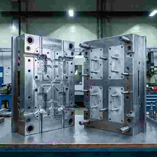 Spritzgießwerkzeug aus Stahl/Aluminium, zwei Hälften, Kavitäten, Kühlkanäle, Ejektorstifte.