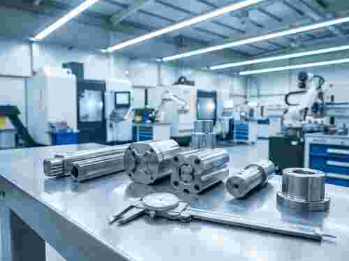 Fotorealistische Extrusionswerkstatt mit Präzisionswerkzeugen, Extrusionsdüsen und Metallteilen