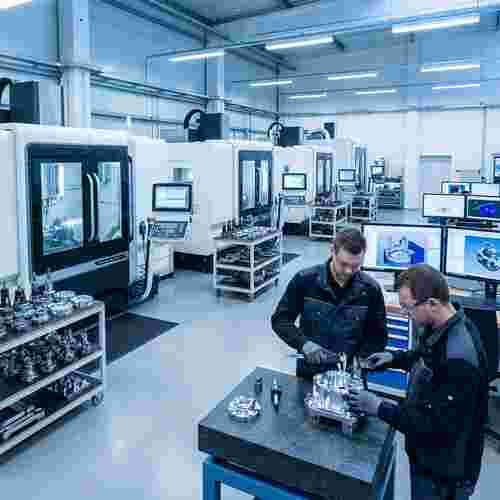 Fotorealistische CNC-Werkstatt: 3-5 Achsen-Fräsen, Präzisionsbauteile, Techniker mit Messschieber