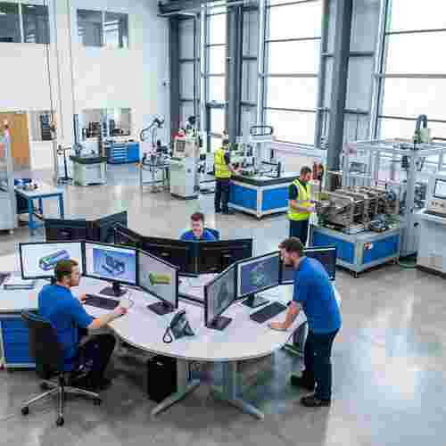 Photorealistische Aufnahme einer modernen Werkstatt mit Ingenieuren vor CAD-Bildschirmen.