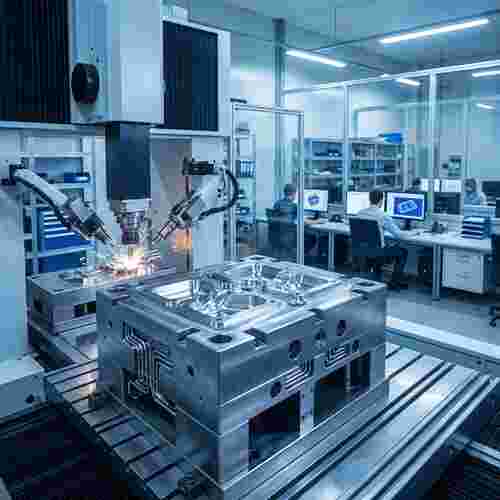 Hochpräzises Spritzgießwerkzeug aus gehärtetem Stahl in moderner Fabrik mit CNC/EDM.