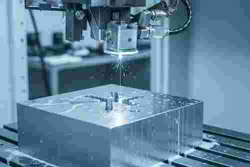 Nahaufnahme einer CNC-Wire-EDM-Maschine beim Drahtschneiden, Funkenflug und blauem Licht.