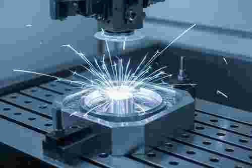 Nahaufnahme des Drahterodierprozesses: Draht-Elektrode erodiert Metallbauteil, Funken, kühles Blau