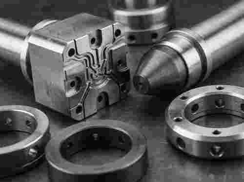 Nahaufnahme eines Kunststoffprofil-Extrusionswerkzeugs aus Stahl und Karbid mit Kühlkanälen