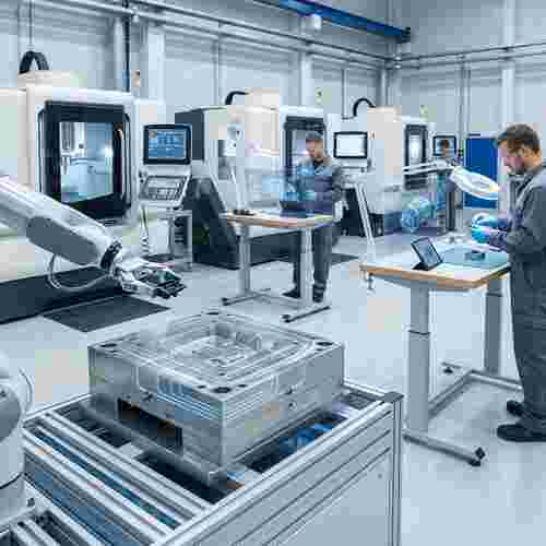 Moderne Spritzgießanlage: Roboterarme, Kühlkanäle, CNC-Maschinen, Techniker prüfen.
