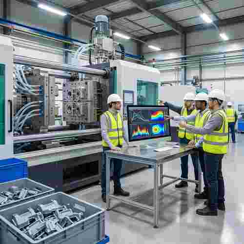 Fotorealistische Spritzgussanlage: Maschine, Form, Ingenieure in Schutzkleidung diskutieren.