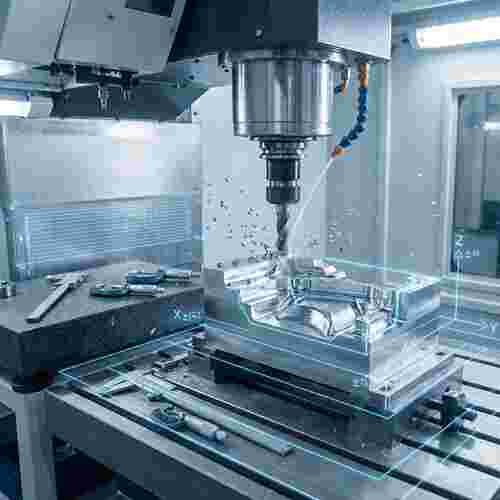 Moderne CNC-Fräsmaschine fräst Metallwerkstück im hellen Industrieumfeld, 3-Achs-Fräsen, Späne.