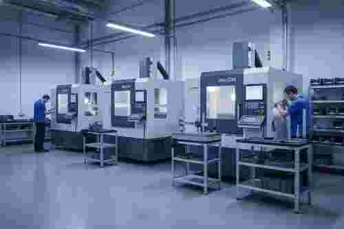 Moderne Drahterodierwerkstatt mit High-Tech-Maschinen, Kalibrierwerkzeugen und Präzisionsmessung; Techniker bei Wartung.