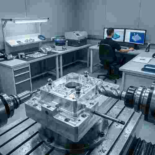 Nahaufnahme einer CNC-Fräsmaschine, die Metallteile bearbeitet; CAD/CAM im Hintergrund.