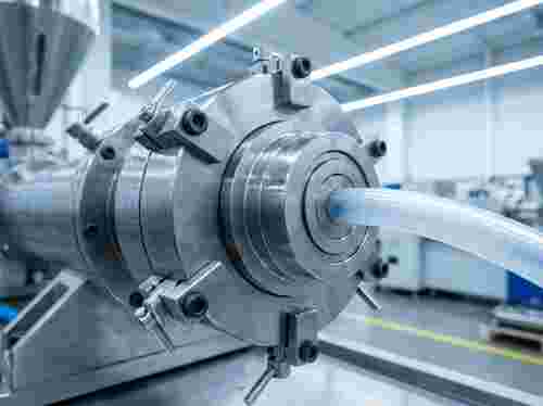 Nahaufnahme von Schlauch-Extrusionswerkzeugen aus poliertem Stahl mit Klemmen in kühler Beleuchtung