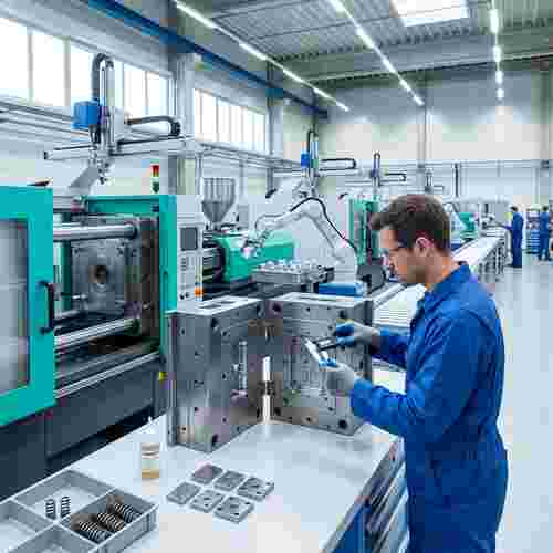 Techniker prüft offenes Spritzgießwerkzeug; Kaliber, Schmiermittel und Ersatzteile.