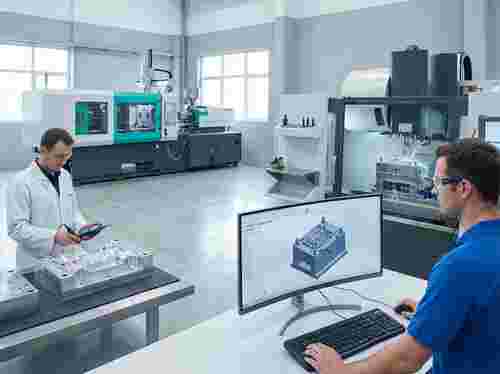 Techniker prüft CAD-Modell am Monitor neben Spritzgießmaschine in sauberen Industriehalle.