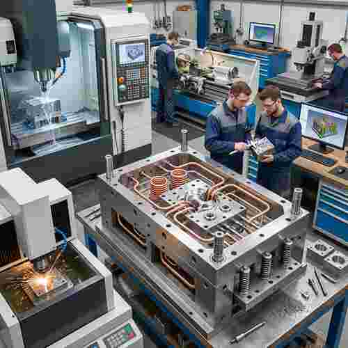 Spritzgießformen-Werkstatt: teilmontiertes Werkzeug, Kühlkanäle, CNC/EDM, Techniker prüfen CAD/CAM