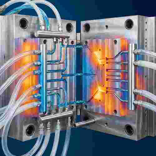 Spritzgussform mit integrierter Kühlung, Nahaufnahme metallischer Oberflächen und Kühlkanäle