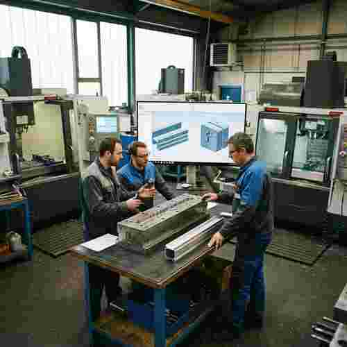 Ingenieure prüfen Metall-Extrusionsform und Prototyp, CAD-Modelle am Monitor, CNC-Maschinen im Hintergrund.