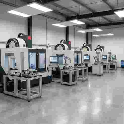 Quadratische Aufnahme moderner Kunststofffräswerkstatt mit 3-5 Achsen und Spindeln.