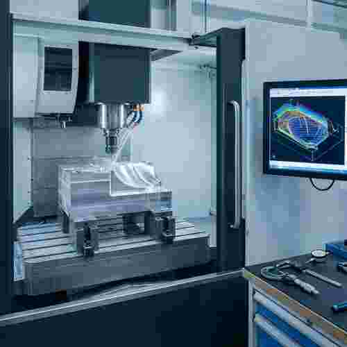 Moderne CNC-Fräszentrum bearbeitet Metallblock mit Flächen und Kurven; CAM-Pfade am Monitor.