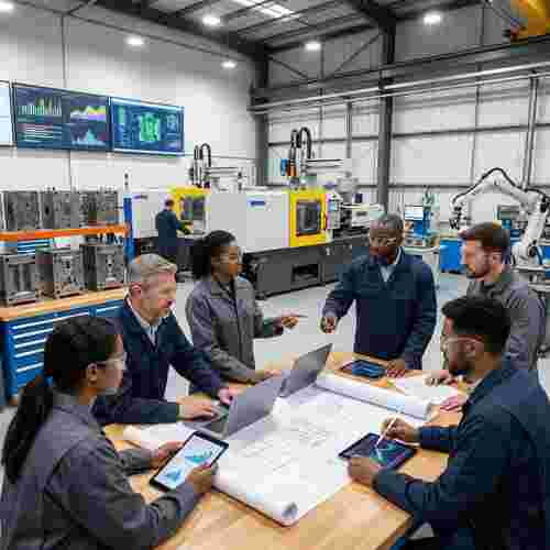Vielfältiges Team um einen Tisch prüft Pläne und Laptops in moderner Spritzgießwerkstatt.
