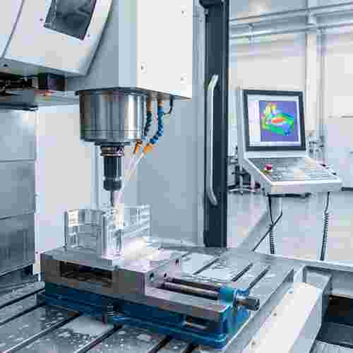 Fotorealistische CNC-Fräse in heller Werkstatt; Alu-Bauteil, Fräser in Aktion, Monitor.
