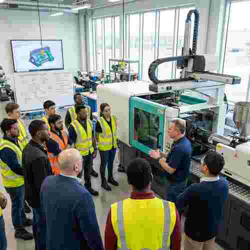 Vielfältige Auszubildende in Spritzgießwerkstatt mit Roboterarm, Techniker und CAD-Modell dahinter.