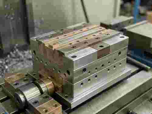 Nahaufnahme einer Hochpräzisions-Extrusionsdüse aus Metall mit Kühlkanälen.