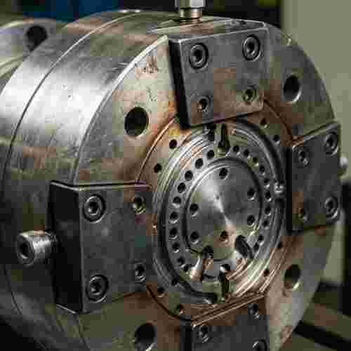 Nahaufnahme eines Extrusionswerkzeugs aus verschleißfestem Metall mit Kühlkanälen und Einsätzen