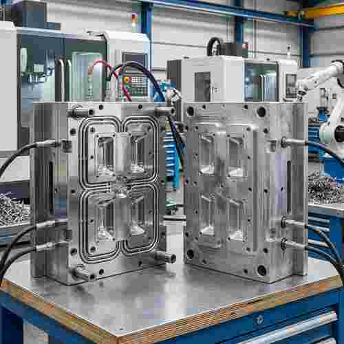 Spritzgießwerkzeug aus Stahl/Aluminium in moderner Werkstatt; CAD-Multikavität, Kühlkanäle.