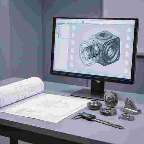 Ingenieursarbeitsplatz mit Monitor, 3D-CAD-Modell, Zeichnung, Metallteilen und Schieblehre.
