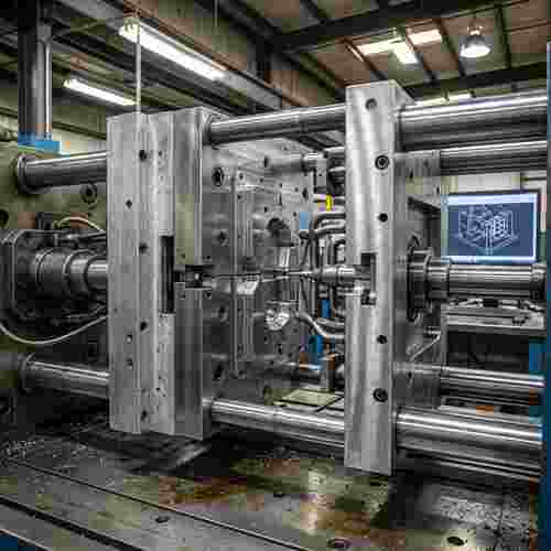 Nahaufnahme einer Spritzgießform in der Fabrik, Kavität, Klemmvorrichtung, Anschnitt und Läufer.