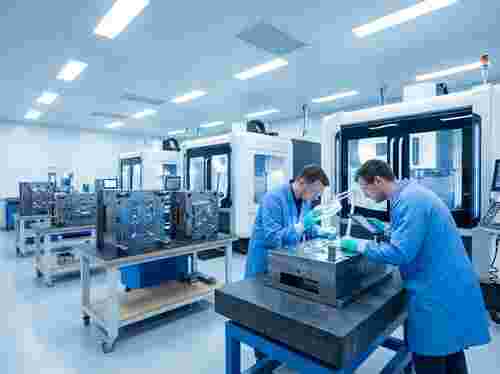 Präzisionsformenfertigung: gehärtete Stahlformen, CNC-Maschinen und Techniker prüfen die Formen.