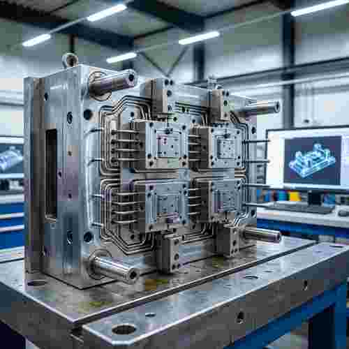 Präzises Spritzgießwerkzeug aus Stahl mit Kühlkanälen und Auswerfsystem; CAD/CAM-Hintergrund.