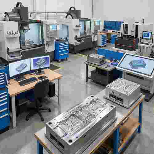 Quadratische fotorealistische Werkstatt eines Spritzgießformen-Herstellers mit CNC- und EDM-Maschinen.