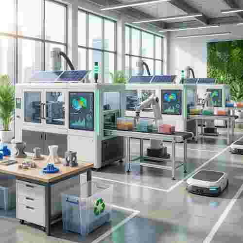 Fotorealistische Quadrataufnahme einer modernen Spritzgieß-Fabrik, nachhaltig.