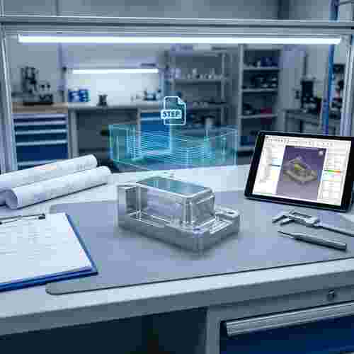 Fotorealistische CAD/CAM-Szene: Aluminiumteil mit Wanddicken, Fasen, Radien, CAM-Pfade, Tablet.