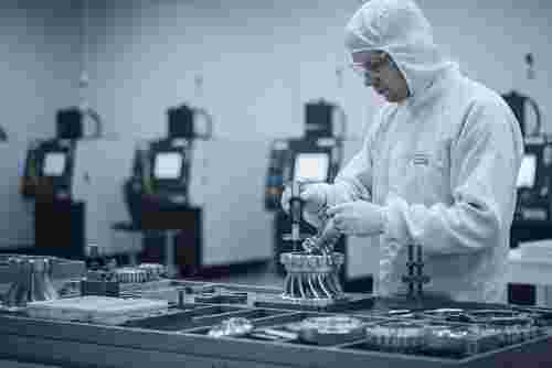 Quadratisches Bild einer Wire-EDM-Fertigung; Techniker prüft Teil mit Messschieber.