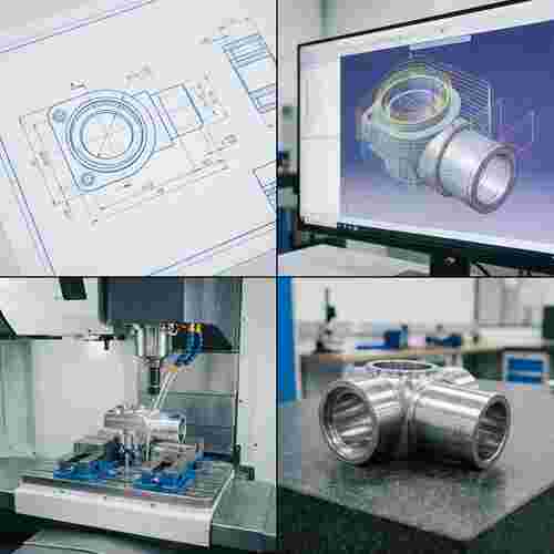 CNC-Fräsen: Zeichnung, CAM-Toolpaths, 5-Achs-Fräse, fertiges Metallteil.