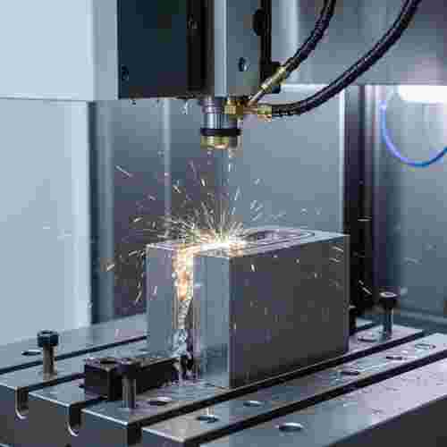 Nahaufnahme Draht-Erodieren beim Schneiden eines Metallteils aus gehärtetem Stahl oder Titan.