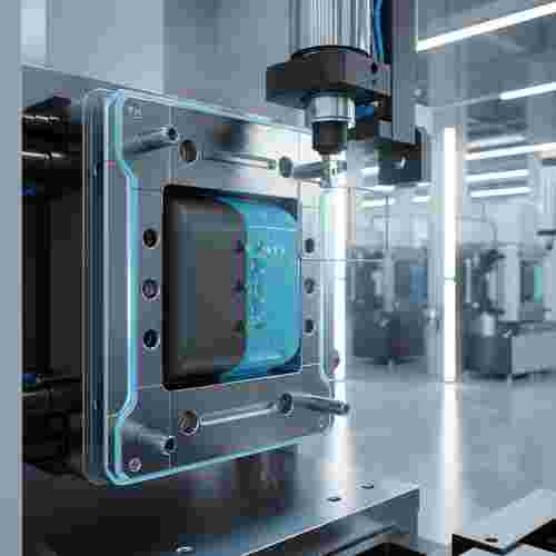 Nahaufnahme eines Mehrkomponenten-Formwerkzeugs mit Metalleinsätzen beim Spritzgießen eines Zweimaterial-Teils