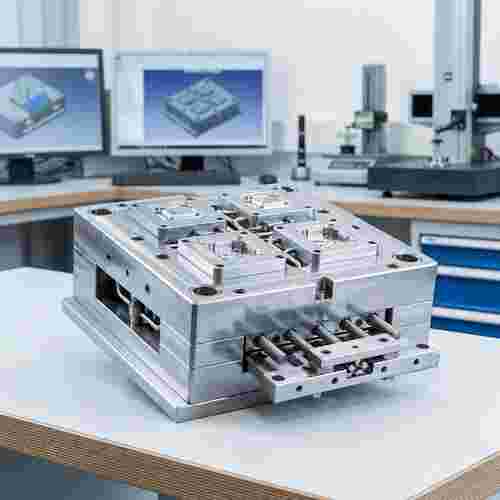 Prototyp einer Mehrkavitäten-Stahlform mit modularen Einsätzen, Kühlkanälen und Ejektorsystem