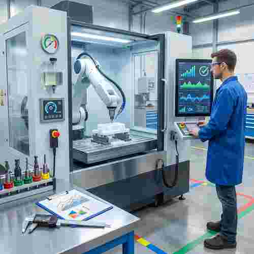 Kunststoff-CNC-Fräsmaschine mit QA, Techniker vor Kontrollpanel; Messschieber, Chips, Farbkodierung.