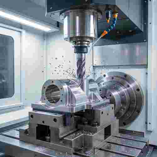 Fotorealistisches Bild eines modernen 5-Achsen-CNC-Fräszentrums mit präzise eingespanntem Werkstück.