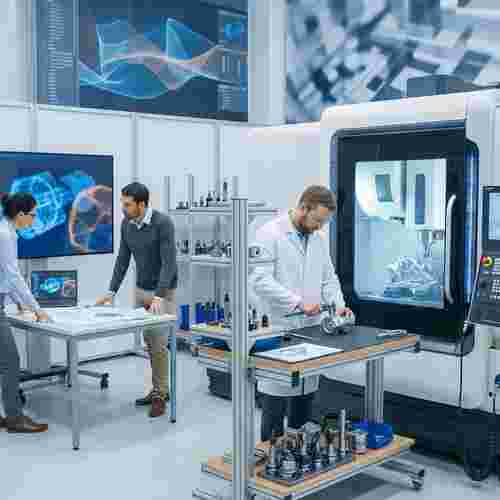 Moderne CNC-Fräsanlage in Auftragsfertigung; Techniker prüft Metallprototyp, Fokus Qualität.